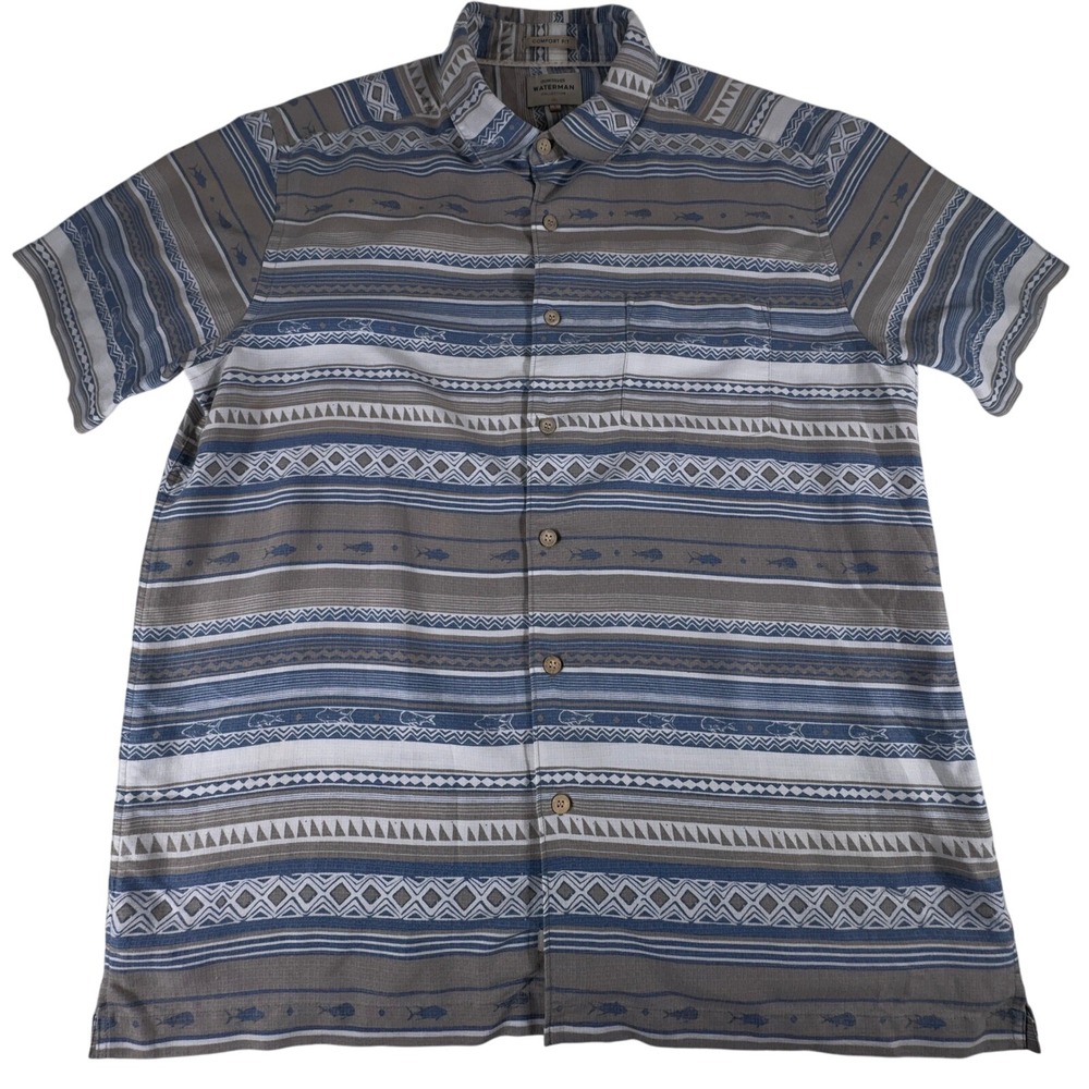 Quiksilver Waterman Collection Hawaiian Shirt Men L‎ White Blue Tribal Comfort
